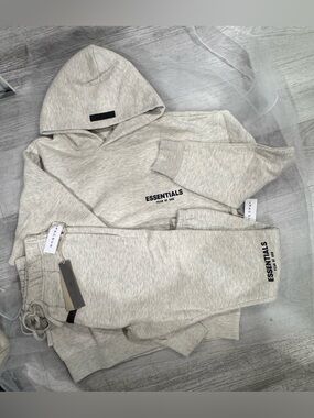 Essentials Light oatmeal Hoodie & Joggers Set with Black Logo